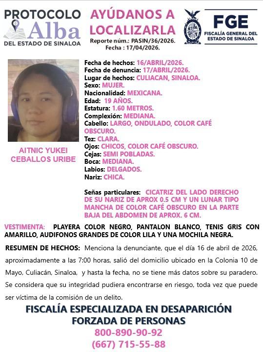 $!Buscan a Aitnic Yukei, joven desaparecida en Colonia 10 de Mayo, en Culiacán