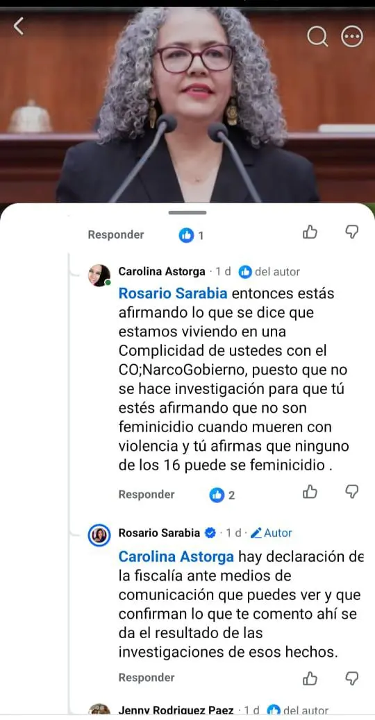 $!Diputada local por Morena, Rosario Sarabia, afirma que asesinatos de mujeres en Escuinapa no son feminicidios