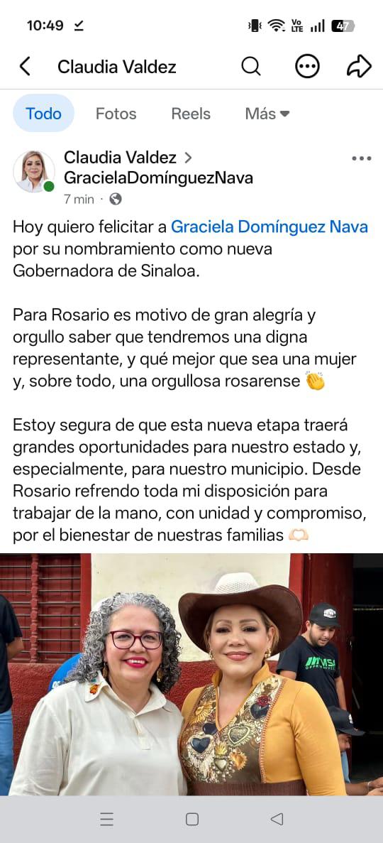 $!Alcaldesa de Rosario felicita a la Gobernadora interina de Sinaloa, Graciela Domínguez