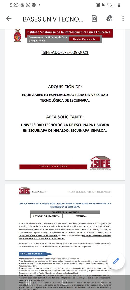 $!Emite Instituto Sinaloense de Infraestructura Física Educativa convocatoria para equipamiento de la Universidad Tecnológica de Escuinapa