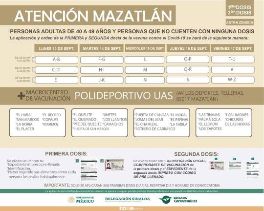 Del 13 al 17 de septiembre aplicarán segunda dosis contra el Covid a los de 40 a 49 años en Mazatlán