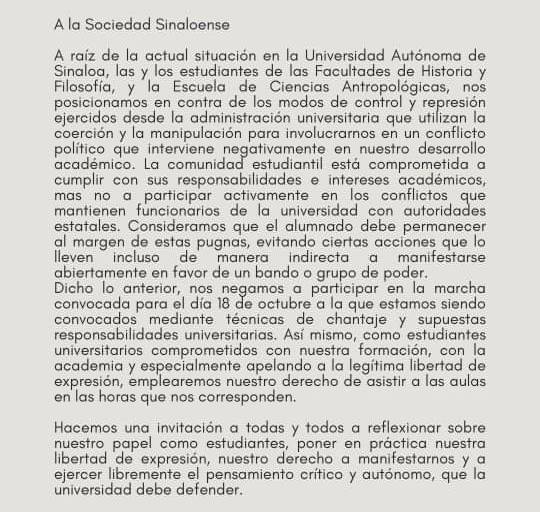 Estudiantes de humanidades de la UAS se niegan a marchar en apoyo a Madueña