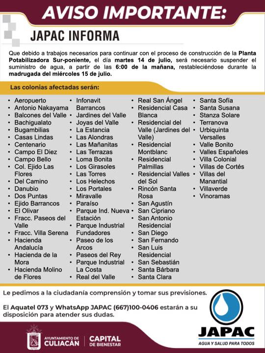 $!Anuncia Japac suspensión de servicio de agua el próximo martes en colonias del sur poniente de Culiacán