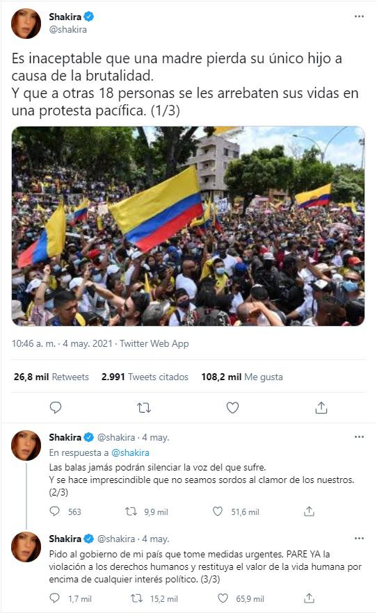 $!Shakira, Maluma y otros famosos piden que pare ‘guerra civil’ de Colombia