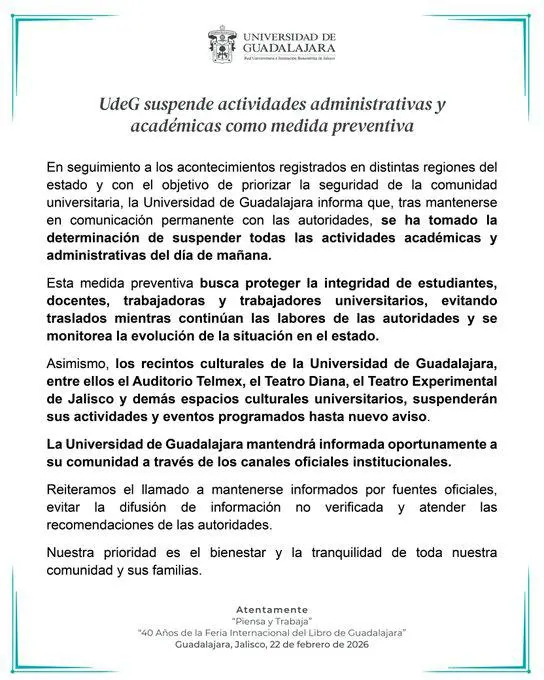 $!Jalisco, Nayarit y estos estados suspenden clases el lunes ante bloqueos y enfrentamientos tras abatimiento de ‘El Mencho’