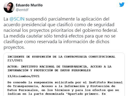 La determinación estará vigente mientras la Suprema Corte de Justicia de la Nación resuelve si el Acuerdo del titular del Poder Ejecutivo -conocido como “decretazo” y publicado el pasado 22 de noviembre, en el Diario Oficial de la Federación (DOF)-, es constitucional.