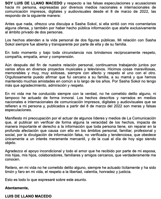 $!‘No he cometido delito alguno’, Luis de Llano responde a acusaciones de Sasha Sokol