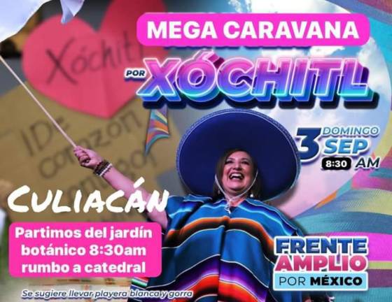 Este domingo en Culiacán, una caravana de apoyo a Xóchitl Gálvez partirá desde el Jardín Botánico a las 8:30 horas.