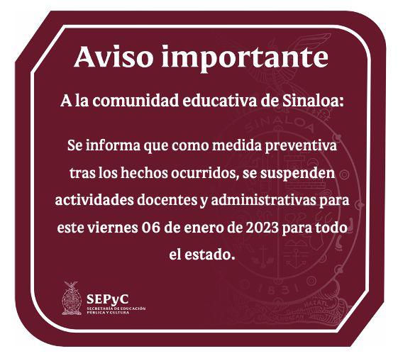 Sepyc cancela actividades para este viernes tras jornada violenta en Sinaloa