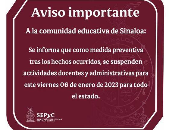 Sepyc cancela actividades para este viernes tras jornada violenta en Sinaloa