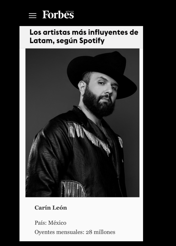 $!Reconoce Forbes a Carín León como uno de los artistas más influyentes en Latinoamérica