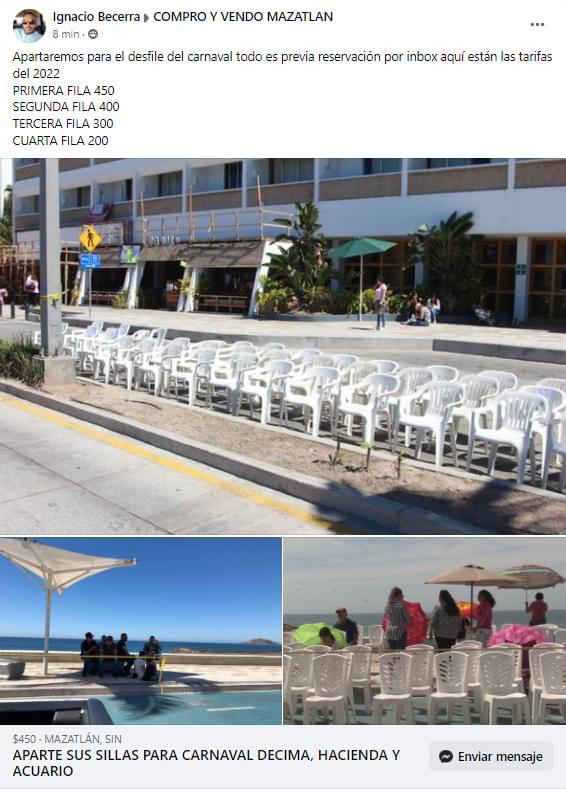 $!Alerta ‘El Químico’ de personas que ya ofrecen renta de sillas en el malecón para presenciar desfiles de Carnaval