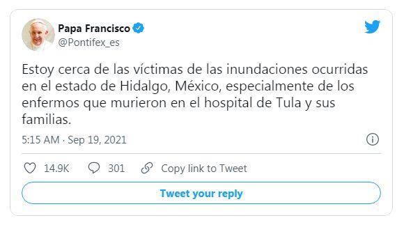 El Papa Francisco reza por víctimas de inundaciones en hospital del IMSS, en Tula, Hidalgo