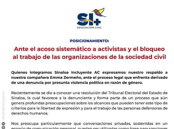 Integrantes de Sinaloa Incluyente AC expresaron apoyo a Emma Zermeño ante proceso legal por presunta violencia política de género .