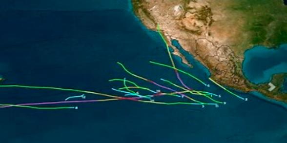 Resumen de la trayectoria de los huracanes generados en el Pacífico Oriental durante 2023.