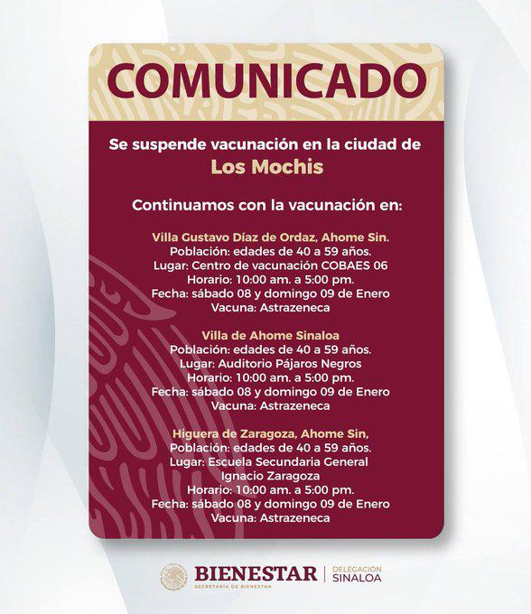 $!Aplicarán refuerzo contra el Covid a los de 40 a 59 años en Culiacán, Mazatlán y tres comunidades de Ahome, solo si la segunda dosis se la pusieron hace 6 meses