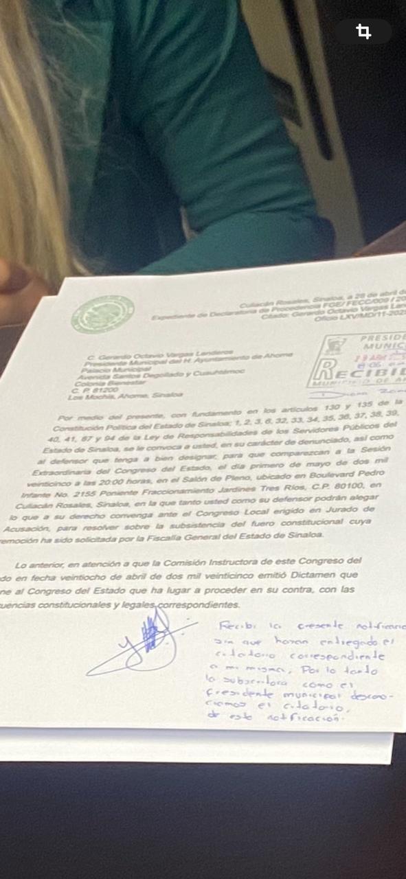 $!Citan a Vargas Landeros al Congreso de Sinaloa por juicio de desafuero