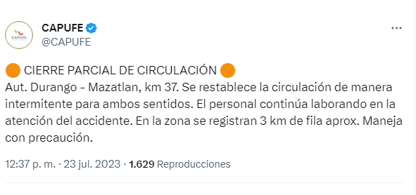 Accidente en la Durango-Mazatlán provoca circulación intermitente