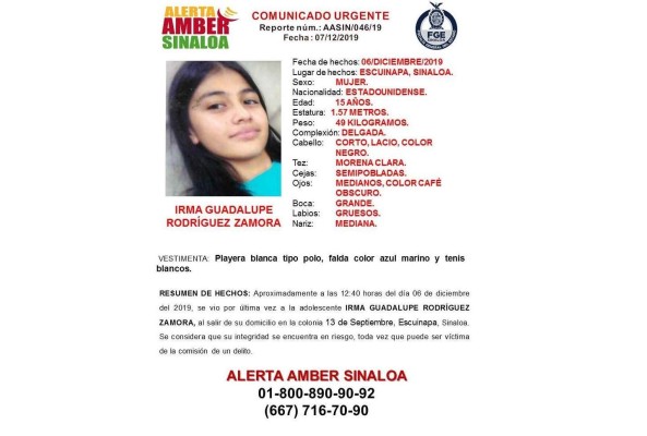 Fiscalía emite Alerta Ámber por desaparición de una menor en Escuinapa