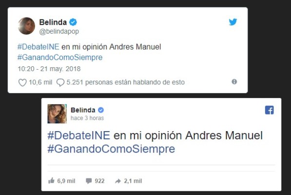 La cantante Belinda considera que López Obrador ganó el segundo debate presidencial