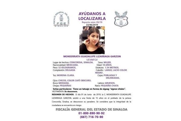 Fiscalía de Sinaloa emite Alerta por joven desaparecida en Concordia