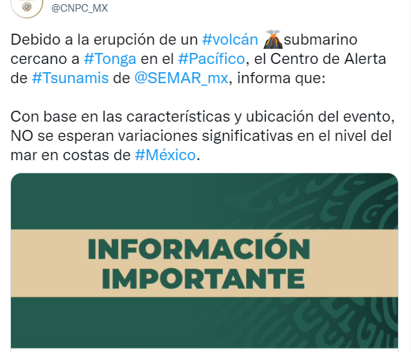 No hay alerta de tsunami para México por erupción de volcán en Tonga