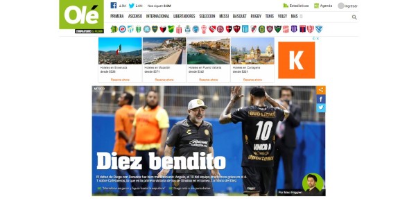 Prensa argentina destaca debut ganador de Maradona en Dorados