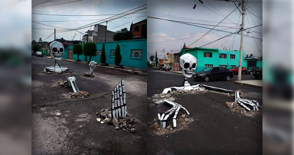 Habitantes de Tláhuac, en CdMx, colocan calaveras gigantes para tapar 8 baches en las calles