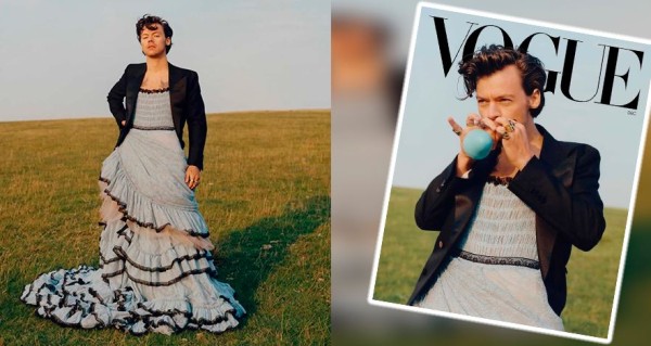 Harry Styles luce un vestido de Gucci en la portada de la revista Vogue! en su edición estadounidense. Foto: Tomada de eldiariodecoahuila.com