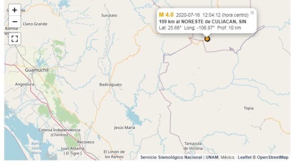 Reportan sismo de 4 grados cerca de Badiraguato; el epicentro se ubicó entre Sinaloa y Durango