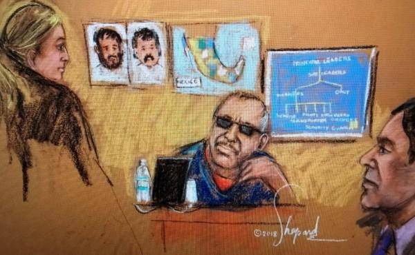 Bosquejo de la audiencia de ‘El Rey’ Zambada durante el juicio en contra de ‘El Chapo’ Guzmán en Estados Unidos.