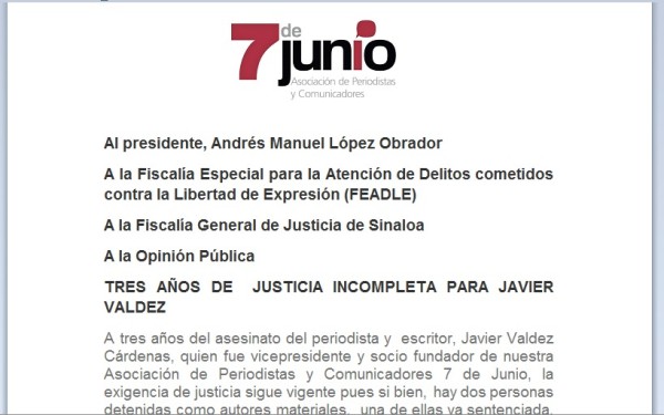 Exige 7 de Junio 'no mas ineficiencias ni tropiezos' en caso Javier Valdez