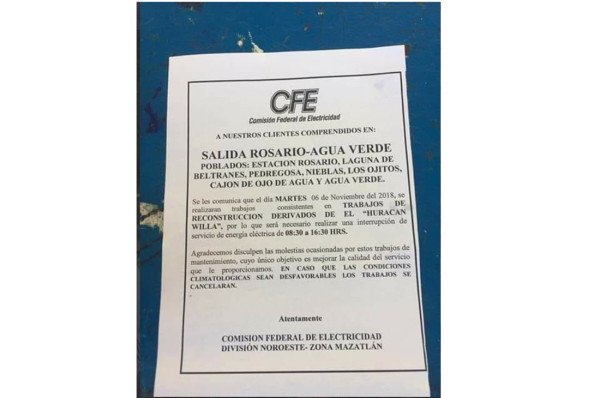 Anuncian CFE y Comuna de Rosario suspensión de suministro de energía eléctrica