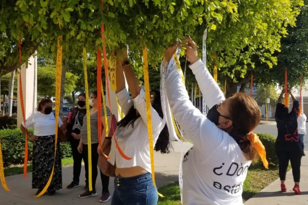 Recuperan Sabuesos Guerreras su Árbol de la espera; amarran listones con mensajes afuera de la Fiscalía de Sinaloa