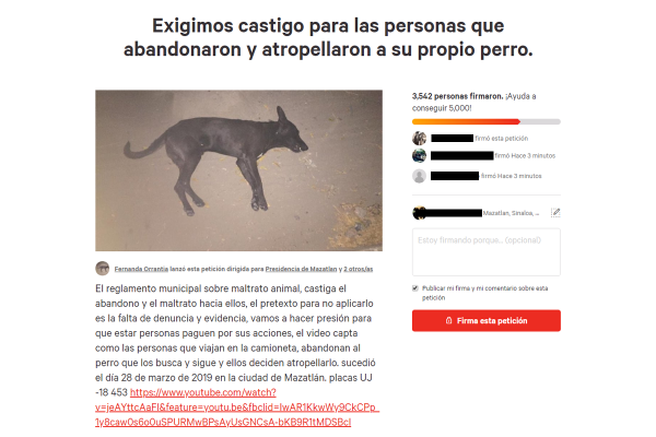 Piden en Change.org castigar a quienes atropellaron a un perro en Mazatlán