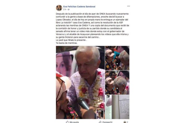 Aborda Eva Cadena a López Obrador y le pide parar supuesto linchamiento en su contra; le dedica libro