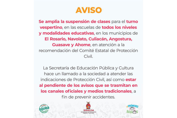 Suspenden clases en seis municipios de Sinaloa por tormenta tropical Ivo
