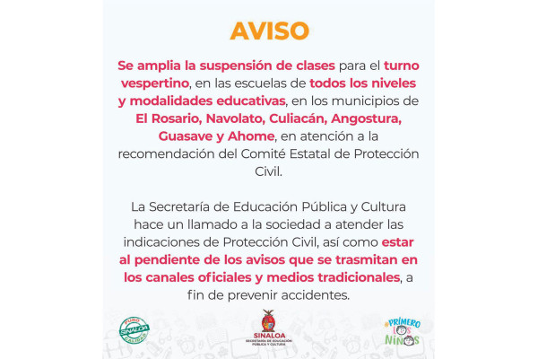 Suspenden clases en seis municipios de Sinaloa por tormenta tropical Ivo