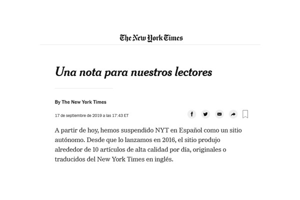 El diario The New York Times anuncia el cierre de su edición en español
