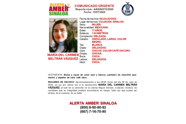 Buscan a menor de 17 años desaparecida en Culiacán