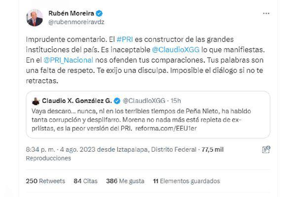 $!Priistas exigen disculpa a Claudio X. González por llamar a Morena la ‘peor versión del PRI’