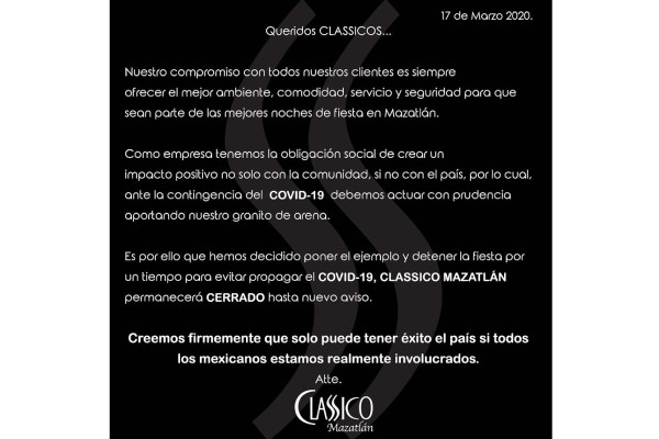 En Mazatlán cierran antros nocturnos para prevenir contagios de coronavirus