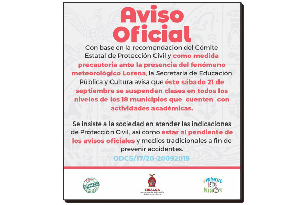 Suspenden clases en Sinaloa en escuelas con actividad académica este sábado