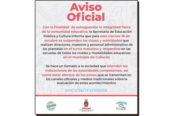 Suspende SEPyC clases para este viernes en Culiacán