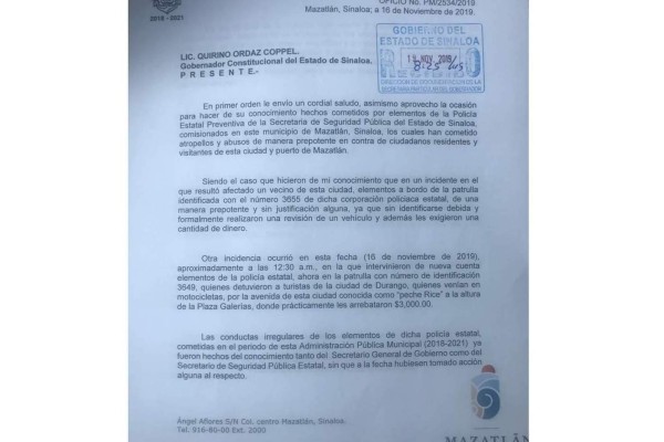 Alcalde de Mazatlán expone supuestos abusos de policías estatales en carta al Gobernador