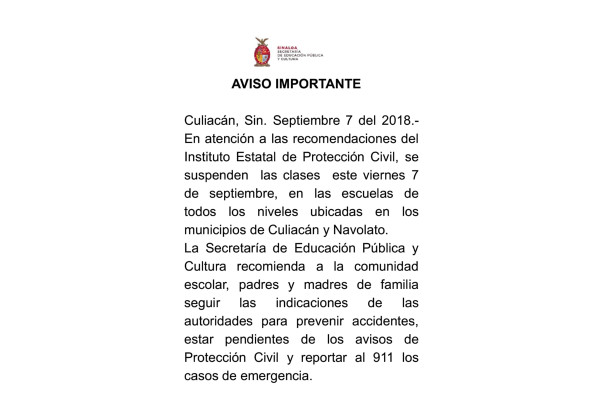 En Culiacán y Navolato suspenden clases por posible tormenta