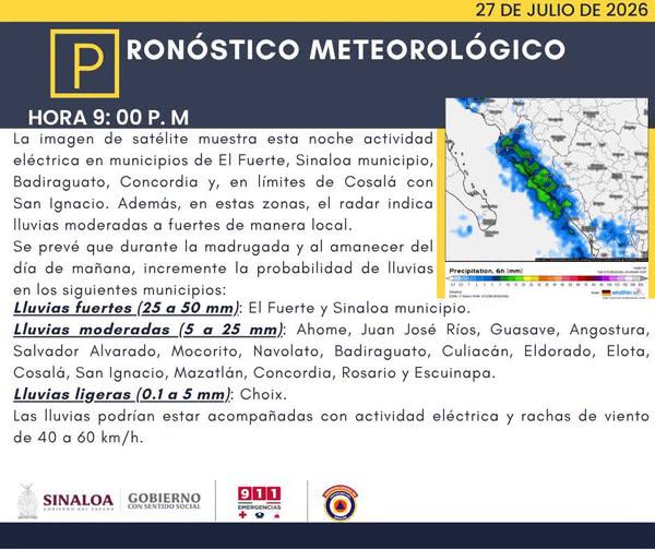 $!Protección Civil prevé lluvias fuertes durante la madrugada en gran parte de Sinaloa
