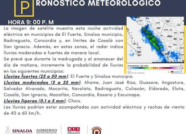 El pronóstico indica que durante la madrugada y al amanecer se presentarán lluvias fuertes.