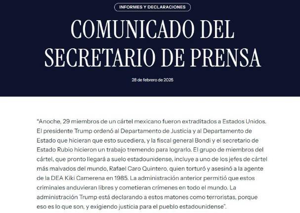 El gobierno de Estados Unidos declara terroristas a las 29 personas que estaban presas en México y fue trasladadas a su territorio.