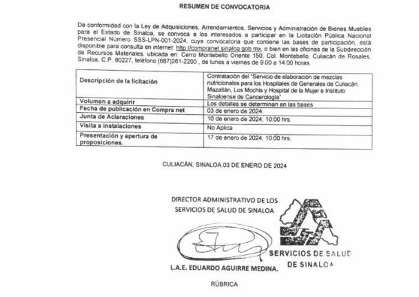 Gobierno del Estado busca proveedor para que prepare las mezclas nutricionales para diferentes hospitales de Sinaloa.